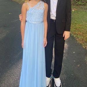 One shoulder, blue, long,lace bodice junior bridesmaid dress